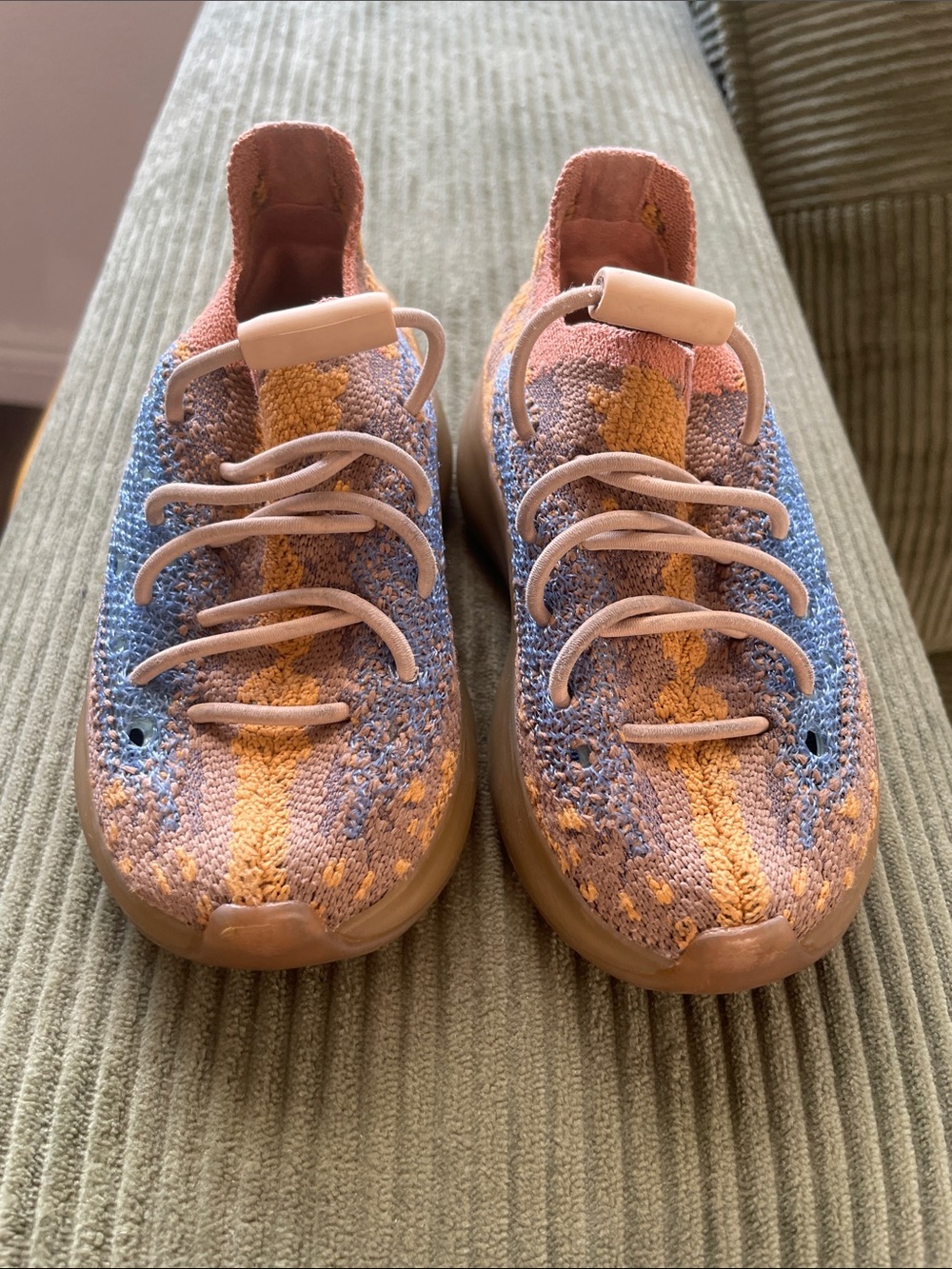 Knit Low-Top Sneakers in Blue and Peach Adidas Yeezy baby